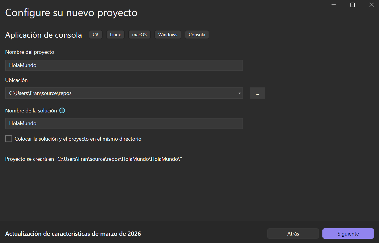 Configurar nombre y ubicación del proyecto