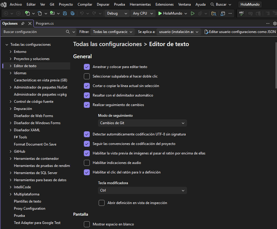 Configuración de opciones en Visual Studio