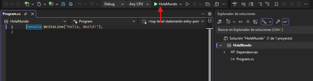 Botón de ejecución en Visual Studio