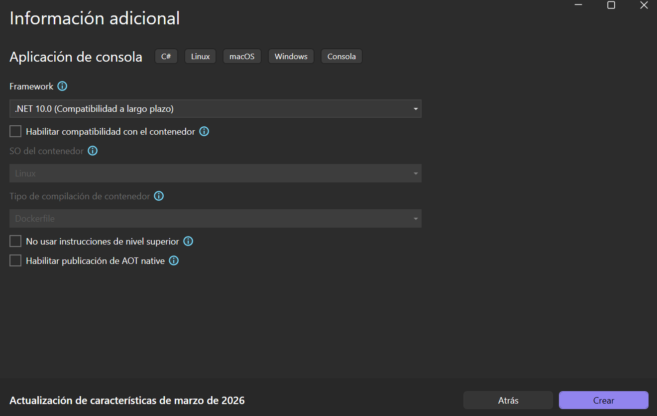 Seleccionar framework .NET 10