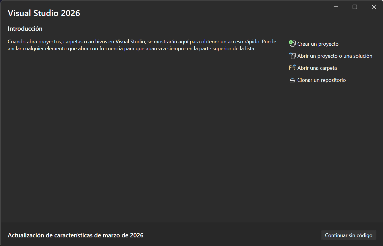 Pantalla de inicio de Visual Studio