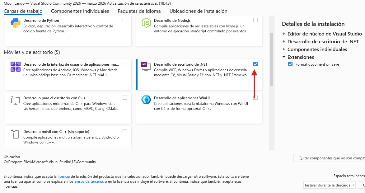 Selección de cargas de trabajo en Visual Studio Installer