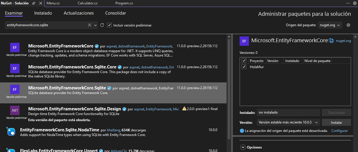 Administrador de paquetes NuGet en Visual Studio