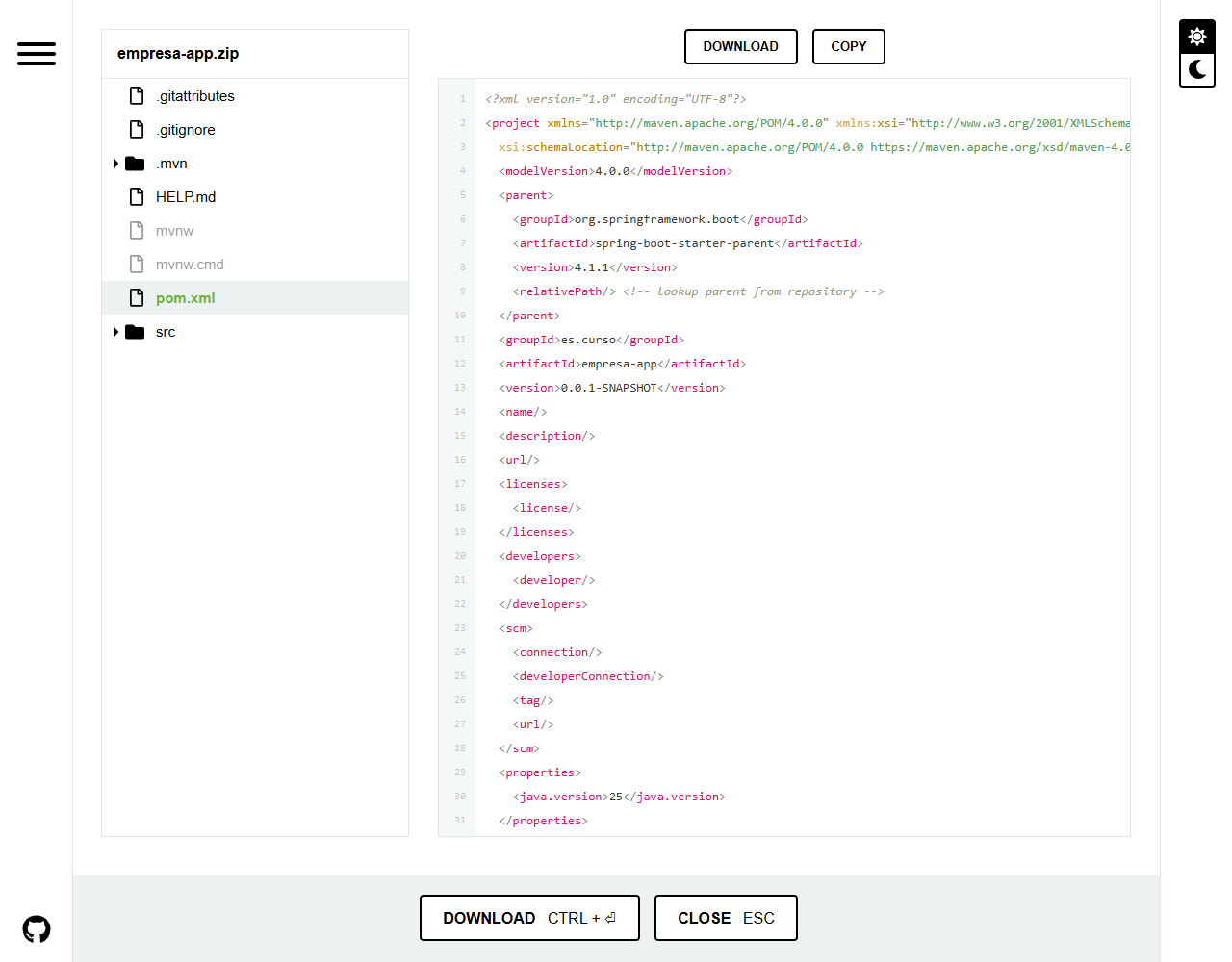 Vista Explore de Spring Initializr con el árbol del zip empresa-app y el pom.xml generado