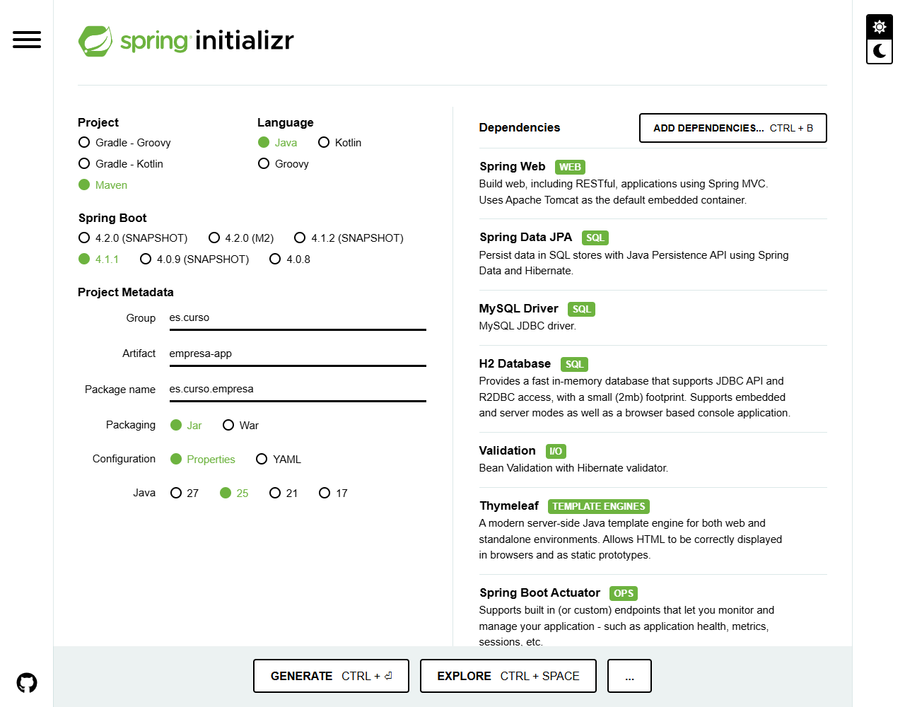 Spring Initializr con los datos de empresa-app: Maven, Java, Spring Boot 4.1.1, grupo es.curso, artefacto empresa-app, Java 25 y las dependencias elegidas