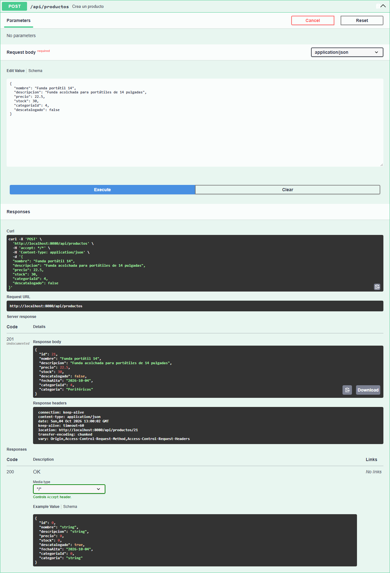 Operación POST /api/productos en Swagger UI tras pulsar Execute: cuerpo de la petición, curl equivalente y respuesta 201 con la cabecera location