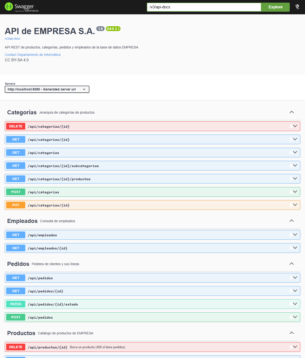 Swagger UI de empresa-app con el título API de EMPRESA S.A., el servidor localhost:8080 y los endpoints de categorías, empleados, pedidos y productos