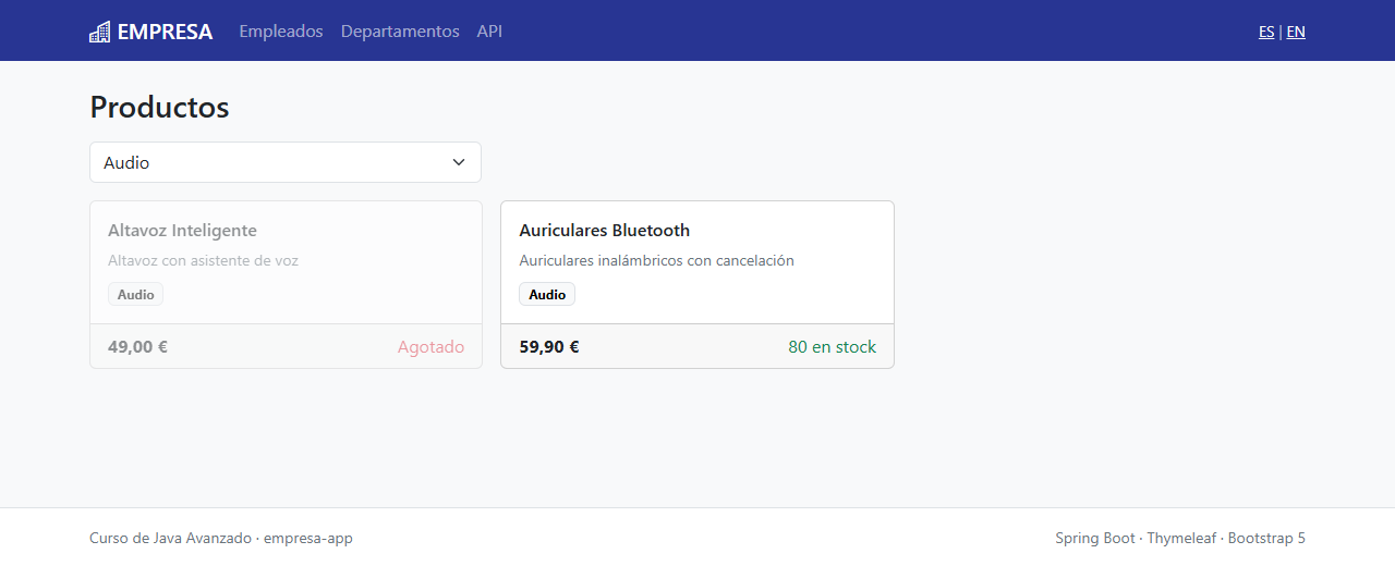 Catálogo de productos de la categoría Audio en tarjetas: Altavoz Inteligente atenuado y agotado, y Auriculares Bluetooth con 80 en stock