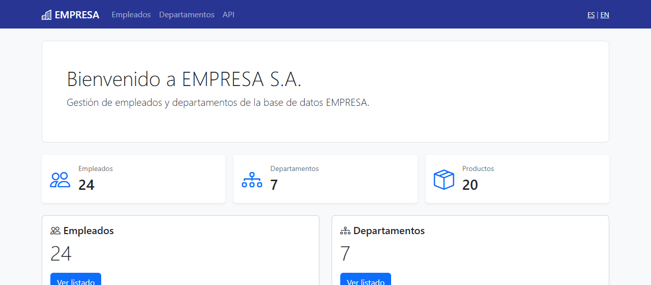 Página de inicio con tres tarjetas: Empleados 24, Departamentos 7 y Productos 20, cada una con su icono