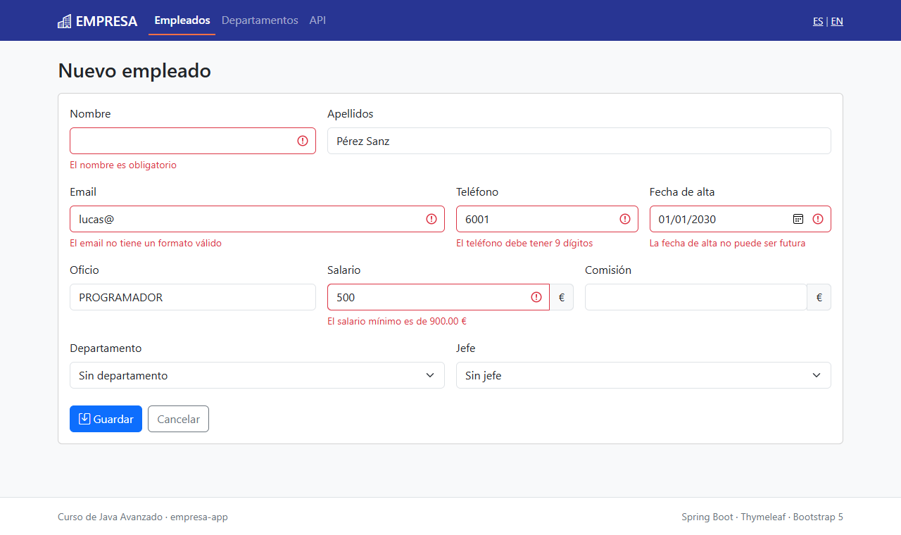 Formulario con errores de validación en rojo bajo los campos nombre, email, teléfono, fecha de alta y salario
