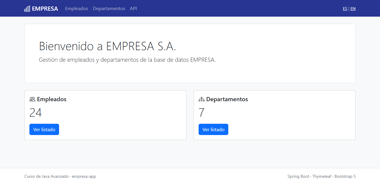 Página de inicio de empresa-app con la bienvenida y las tarjetas de empleados (24) y departamentos (7)