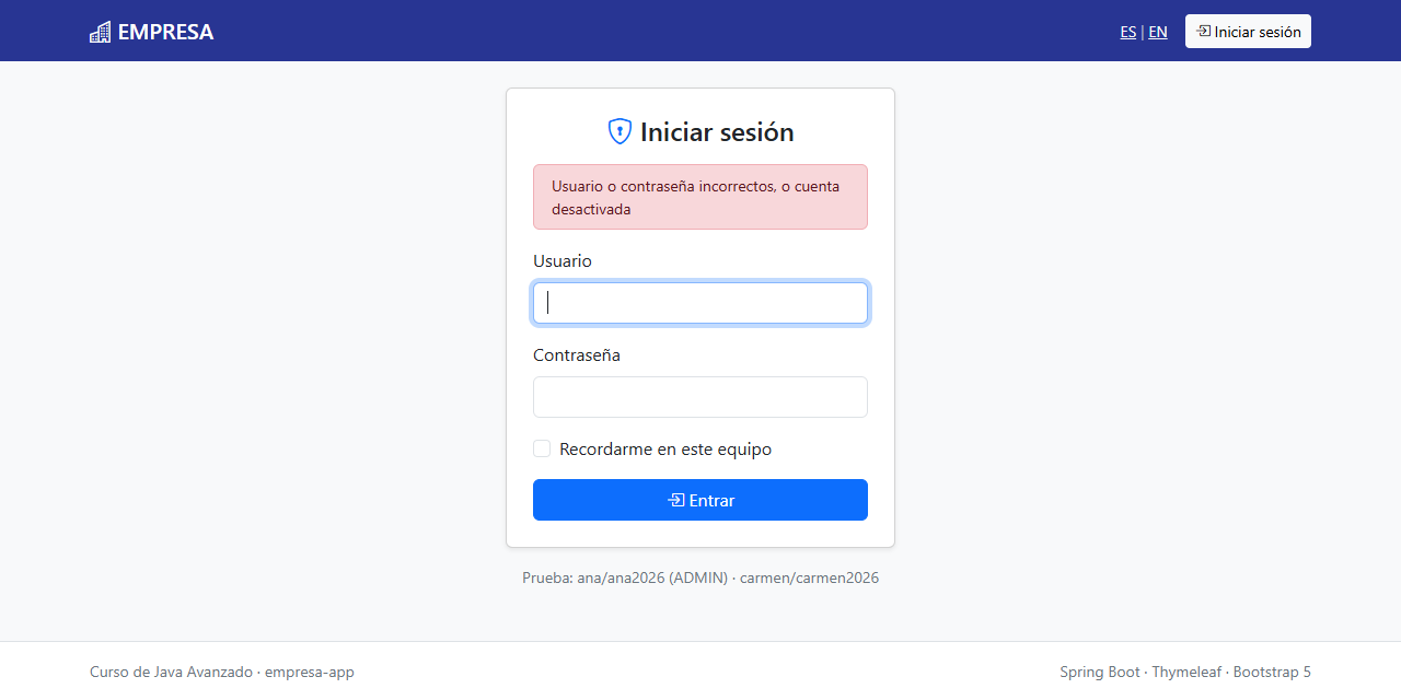El mismo formulario con el aviso rojo Usuario o contraseña incorrectos, o cuenta desactivada
