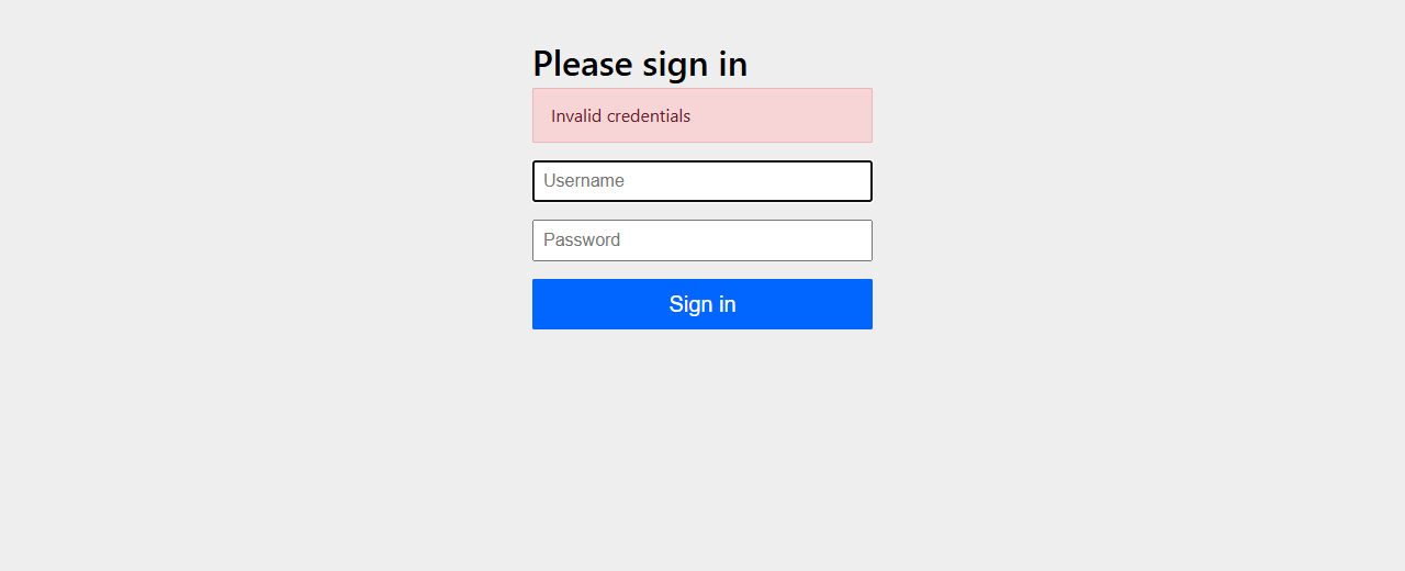El mismo formulario con el aviso Invalid credentials en rojo