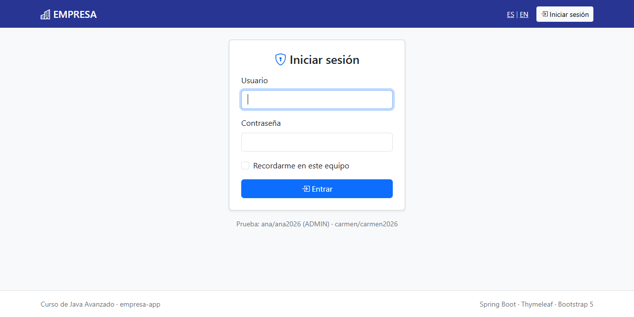 Página de login propia de empresa-app con la barra de navegación índigo, la tarjeta Iniciar sesión, los campos Usuario y Contraseña, la casilla Recordarme y el botón Entrar