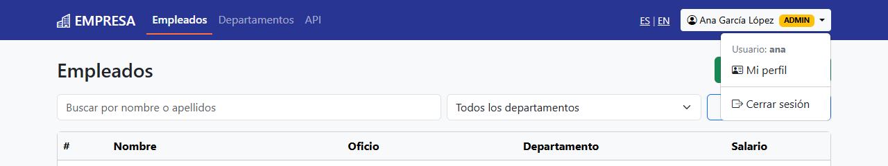 Barra de navegación con el botón Ana García López y la insignia ADMIN; el menú desplegado muestra Usuario: ana, Mi perfil y Cerrar sesión