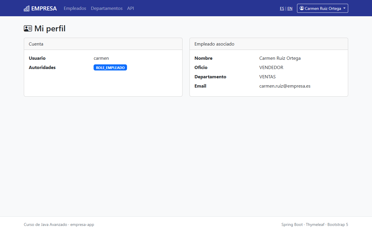 Página Mi perfil de Carmen: tarjeta Cuenta con usuario carmen y autoridad ROLE_EMPLEADO, y tarjeta Empleado asociado con nombre, oficio VENDEDOR, departamento VENTAS y email