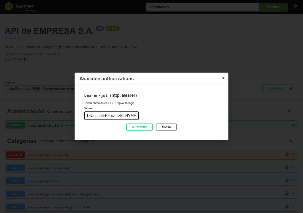 Swagger UI de empresa-app con el diálogo Available authorizations abierto: esquema bearer-jwt (http, Bearer) con la descripción Token obtenido en POST /api/auth/login y el token pegado en el campo Value