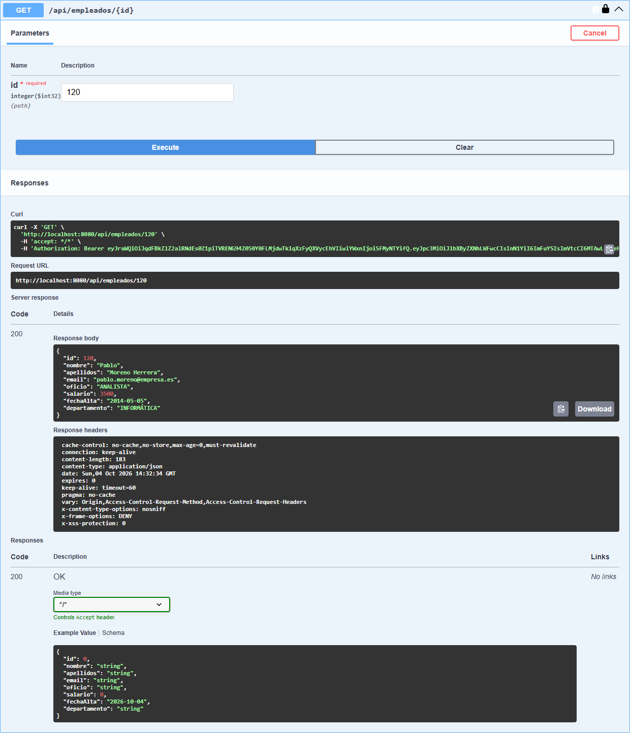 Operación GET /api/empleados/{id} ejecutada con id 120: el curl generado incluye la cabecera Authorization Bearer y la respuesta 200 muestra los datos de Pablo Moreno Herrera