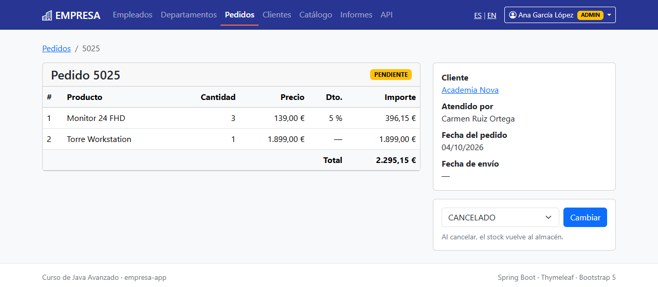 Detalle del pedido 5025 visto por Ana con la tarjeta de cambio de estado a la derecha: desplegable con CANCELADO seleccionado, botón Cambiar y el aviso Al cancelar, el stock vuelve al almacén