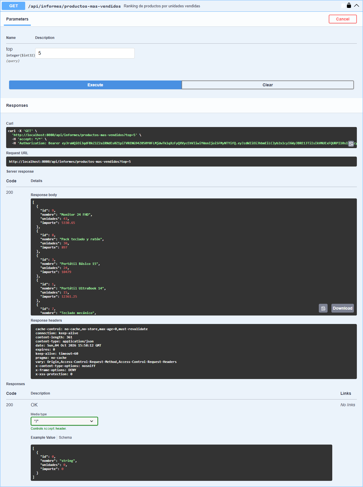 Operación GET /api/informes/productos-mas-vendidos ejecutada en Swagger UI con top 5 y el token de Ana: respuesta 200 con el ranking en JSON