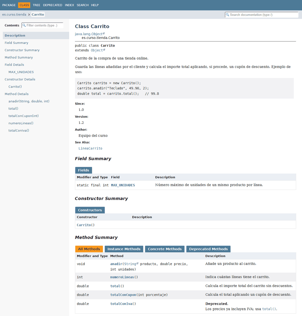 Página HTML de la clase Carrito generada por javadoc, abierta en el navegador